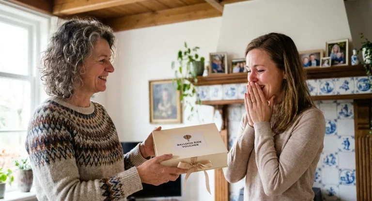 Een vrouw geeft een ingepakte ballonjacht-voucher aan een andere vrouw die verrast haar hand voor haar mond slaat.