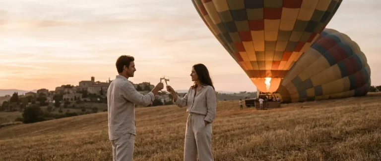 Koppel toost met champagneglazen naast een gekleurde heteluchtballon op een veld bij zonsondergang.
