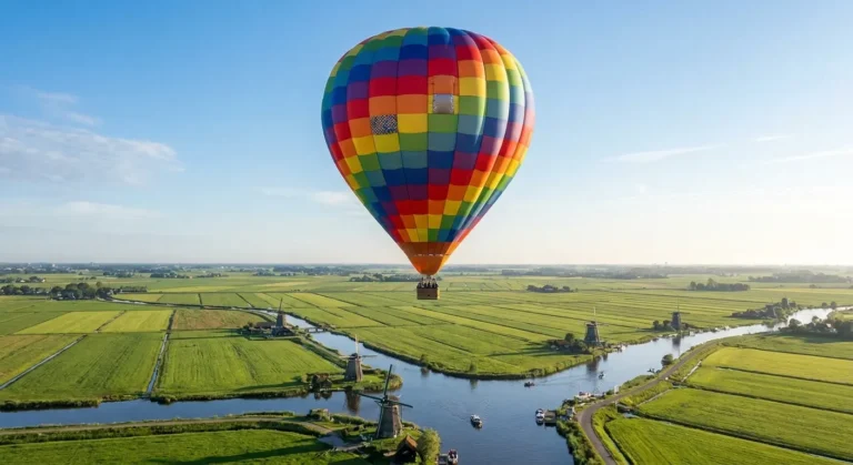 Kleurrijke luchtballon zweeft boven Nederlands landschap met molens, weilanden en kanalen