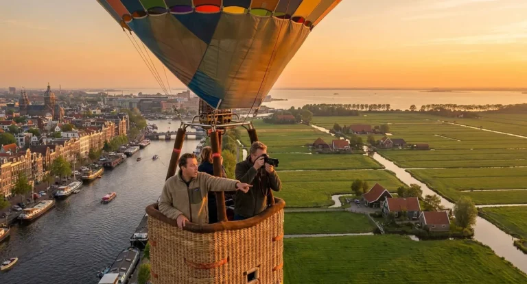 Vier passagiers in een rieten ballonmand stijgen op boven Amsterdam met zicht op de grachten, historische gebouwen en