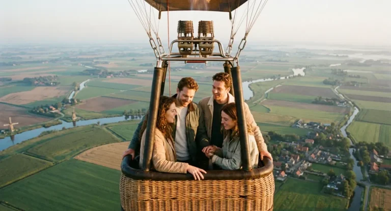 Vier vrienden genieten samen in een luchtballonmand hoog boven een landschap met velden en slingerend water.