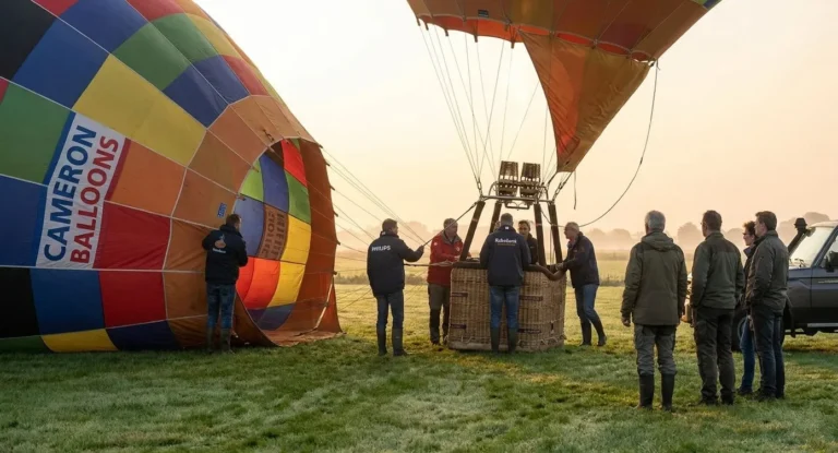 Crew en passagiers bereiden een kleurrijke heteluchtballon voor op een open veld, met de ballon gedeeltelijk opgeblazen en