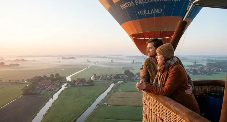 Een koppel staat samen in een luchtballon mand en kijkt uit over een mistig landschap met weilanden en waterwegen beneden.