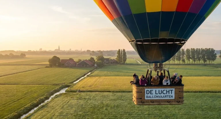 Kleurrijke heteluchtballon stijgt op boven Brabantse weilanden met passagiers in mand, boerderijen en stadshorizon zichtbaar.