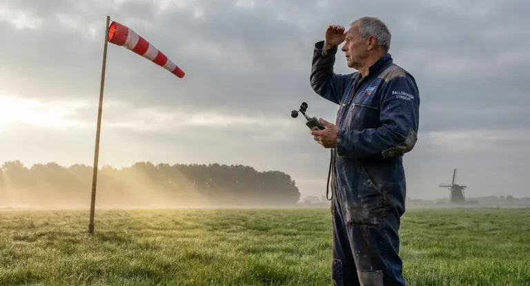 Ballonpiloot observeert bij zonsopgang de lucht en wind met meetinstrumenten om weersomstandigheden te beoordelen voordat de
