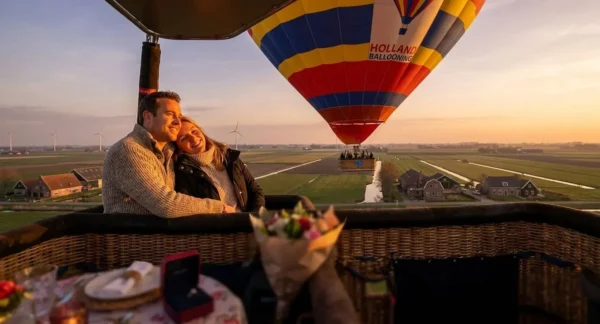 # Alt-tekst voor blog-afbeelding Stel omhelst elkaar in de mand van een kleurrijke luchtballon hoog boven Nederlands