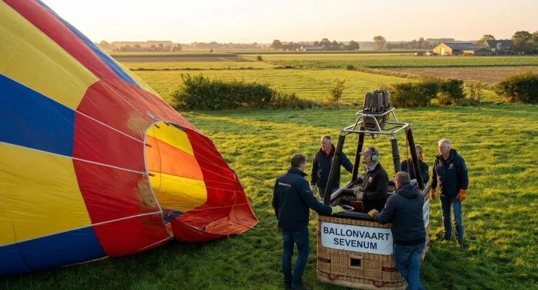 Heteluchtballon wordt opgeblazen op een landbouwveld in Noord-Limburg met team en mand met opschrift Ballonvaart Sevenum.