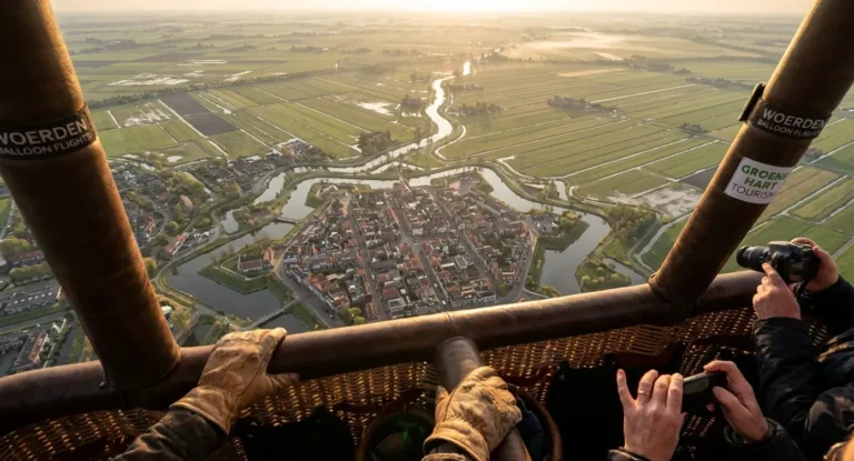Uitzicht uit luchtballon op Woerden met de Oude Rijn, omringd door polderland en de compacte vestingstad met rode daken.