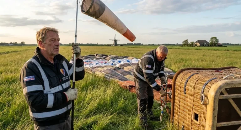 Ballonbemanning controleert windsnelheid met windzak op open weiland voor veilige lancering