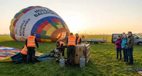 Ballonbemanning in oranje hesjes bereidt gekleurde luchtballon voor met zichtbare apparatuur, brandstoftanks en mand terwijl
