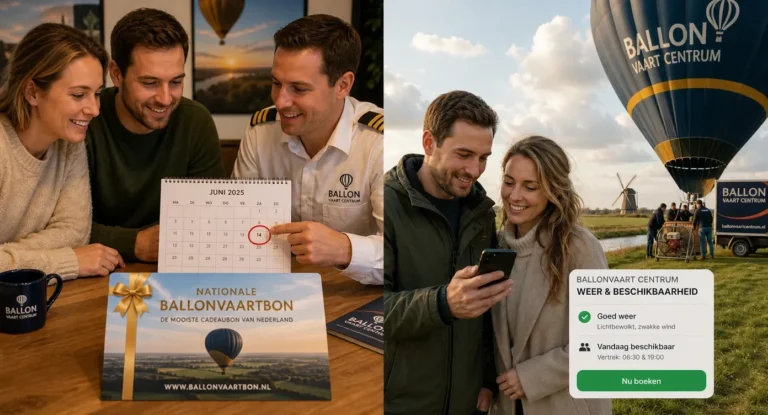Split-screen vergelijking: links vaste ballonvaartboeking met kalender, rechts spontane flash-vlucht met weerscheck en