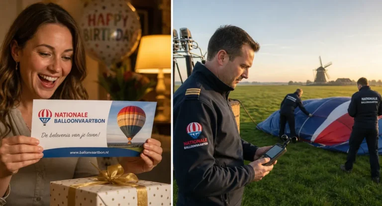 Vrouw toont lachend een Nationale Balloonvaartbon naast een cadeau, tegenover ballonbemanning die zich voorbereidt op een