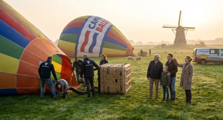 Professionele ballonbemanning bereidt gekleurde luchtballonnen voor op een weiland met mand en passagiers aanwezig.
