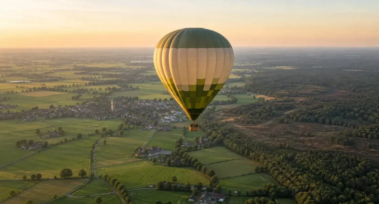 Heteluchtballon met geel-groene strepen zweeft boven het landschap van Barneveld met weilanden, bomen en dorpen.