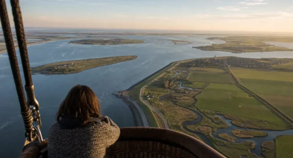 Uitzicht vanuit een heteluchtballon op de Zeeuwse eilanden met water, dijken en groene polders onder een zacht ochtendlicht.
