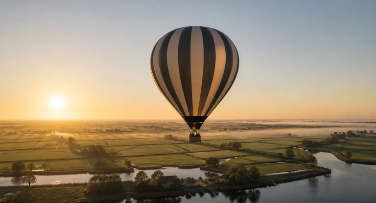 Heteluchtballon zweeft boven polderlandschap met waterwegen bij zonsopgang in ideale ballonvaarweer.