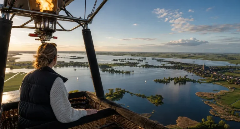 Vrouw in ballonmand kijkt uit over Friese meren en landschap met water, eilanden en dorpen beneden