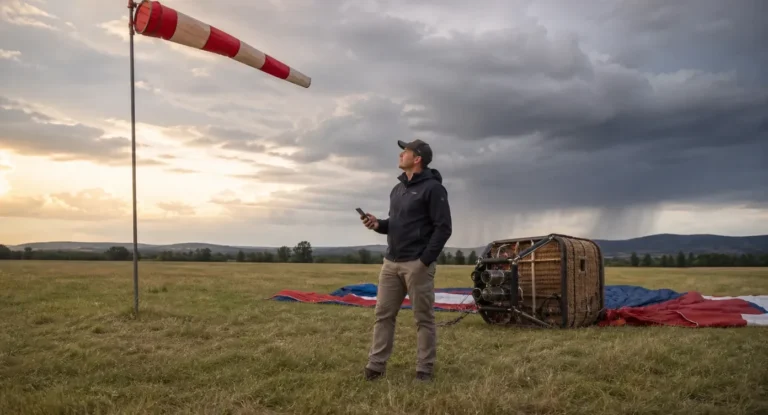 Piloot controleert de windzak op een open veld met een heteluchtballon en mand klaar voor vertrek.