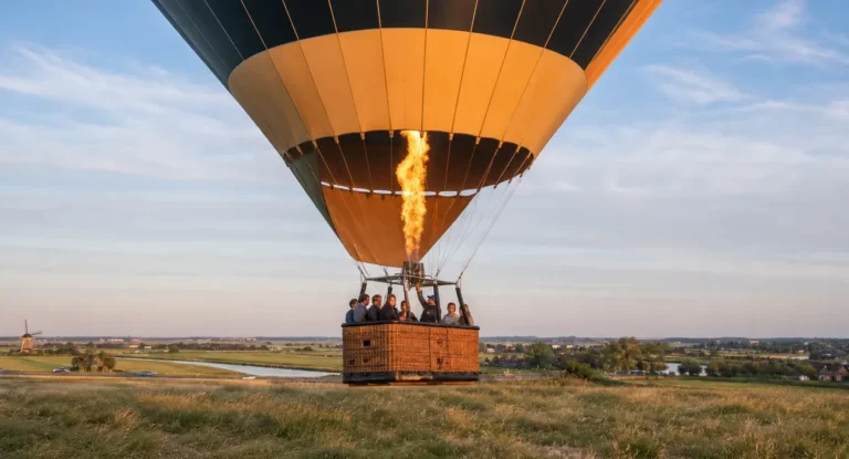 Een heteluchtballon met oranje en zwarte bekleding zweeft boven een weiland met passagiers in de mand, terwijl de brander